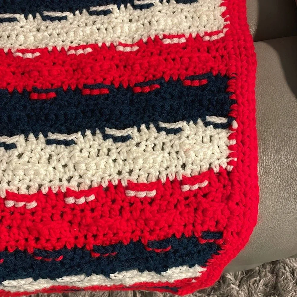 Large oversized grandma hand knitted Roseanne style, afghan-patriotic colors